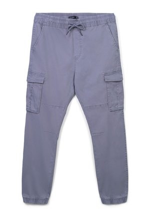 Graue Cargo-Hosen mit einem elastischen Bund und Kordelzug. Mit seitlichen Taschen und schmal zulaufenden Bündchen. Hergestellt aus leichtem Stoff.