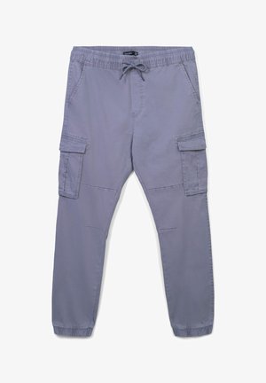 Graue Cargo-Hosen mit einem elastischen Bund und Kordelzug. Mit seitlichen Taschen und schmal zulaufenden Bündchen. Hergestellt aus leichtem Stoff.