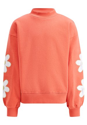 Korallenfarbenes Sweatshirt mit hohem Kragen, langen Ballonärmeln und weißen Blumenstickereien an den Ärmeln. Glatte Textur mit gerippten Bündchen und Saum.