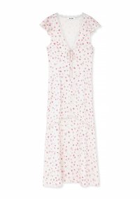 Blumenmusterkleid aus transparentem weißen Stoff mit zarten rosa Blumen. Mit einem tiefen V-Ausschnitt, Kordelzug in der Taille und kurzen, schwingenden Ärmeln.