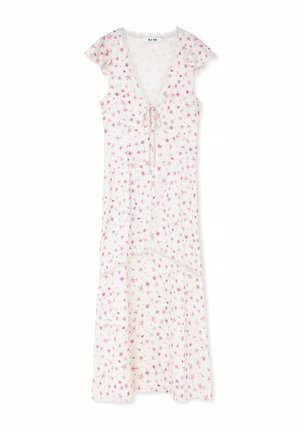 Floral-printed dress in sheer white fabric with soft pink flowers. Features a deep V-neckline, tie detail at the waist, and short flutter sleeves.