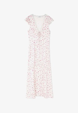 Sukienka w kwiaty z przezroczystej białej tkaniny z delikatnymi różowymi kwiatami. Posiada głęboki dekolt w kształcie litery V, wiązanie w talii oraz krótkie falbaniaste rękawy.