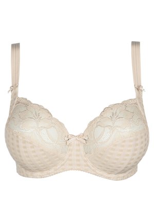 Beige bh met kanten cups met bloemenpatronen, geruite band en verstelbare bandjes. Centraal strikdetail aan de voorkant.