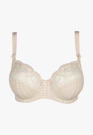 Beige BH mit Spitzen-Cups, die florale Muster aufweisen, karierter Unterbrustband und verstellbaren Trägern. Zentrale Schleifen-Detail auf der Vorderseite.