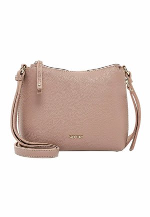 Bolso bandolera de cuero texturizado rosa claro con correa ajustable, cremallera superior y logo dorado "SURI FREY" en el centro delantero.