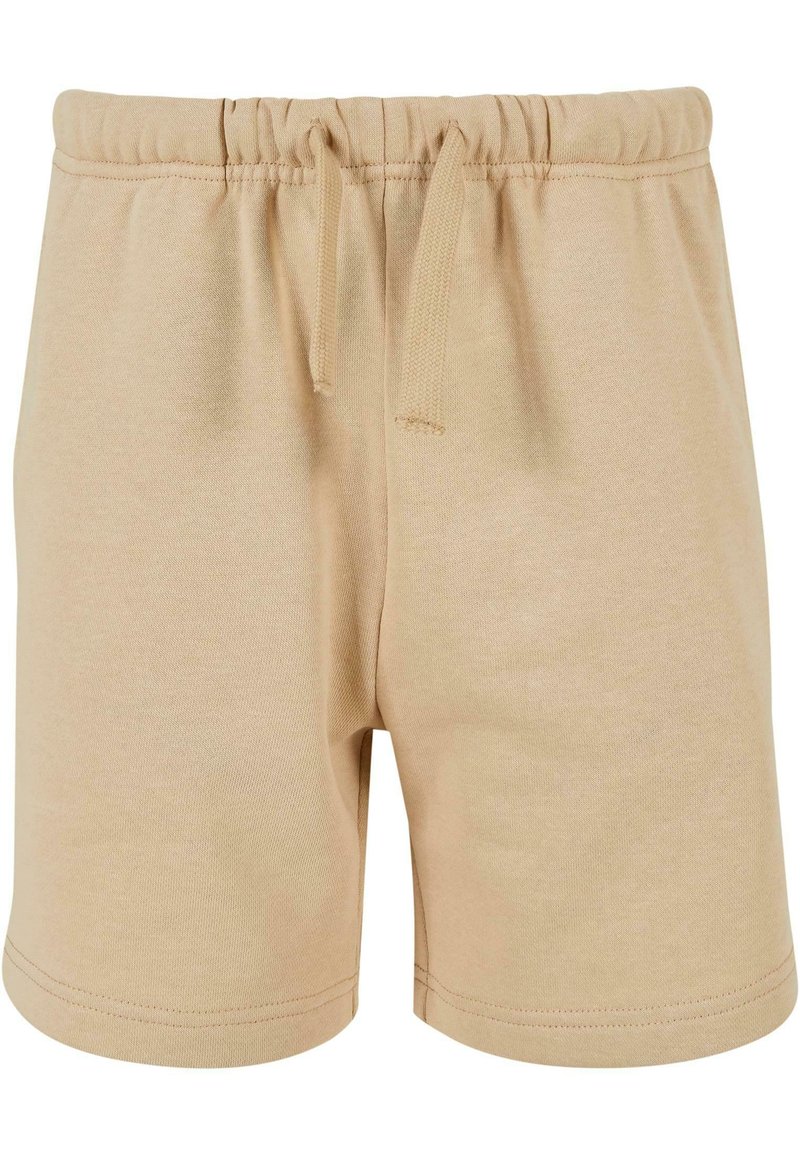 Bežové bavlněné šortky s elastickým pasem a šňůrkou. Mají hladký povrch a jednoduchý design, vhodné pro běžné nošení.