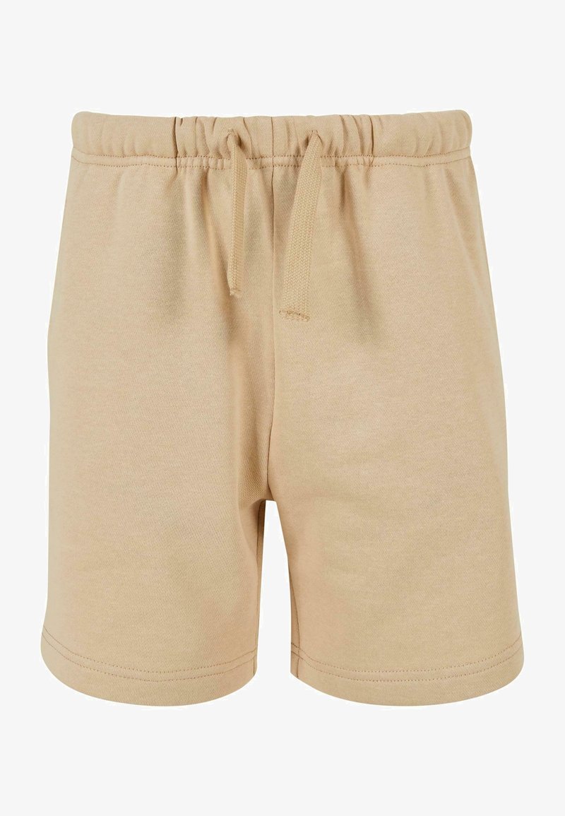 Shorts en coton beige avec une taille élastique et un cordon de serrage. Présente une texture lisse et un design simple, adapté à un usage décontracté.