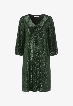 Grünes Pailletten-Kleid mit V-Ausschnitt und drei Viertelärmeln, das eine lockere Passform und eine glänzend strukturierte Oberfläche aufweist.
