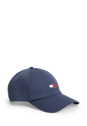 Casquette de baseball bleu marine avec visière incurvée et petit logo rectangulaire Tommy Jeans en rouge, blanc et noir sur le panneau avant.
