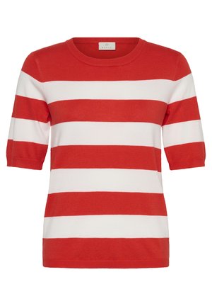 Džemper kratkih rukava s širokim crvenim i bijelim horizontalnim prugama te okruglim izrezom oko vrata.