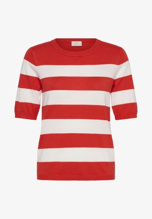 Pull en maille à manches courtes avec larges rayures horizontales rouges et blanches et un col rond.