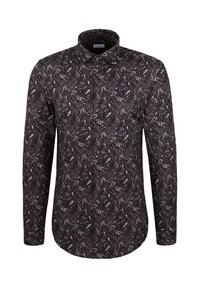 Camicia a maniche lunghe in tonalità scure con un intricato motivo paisley e accenti sottili. Tessuto in misto cotone con colletto button-down e orlo curvo.