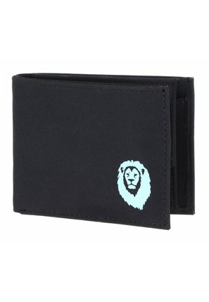 Portefeuille noir bifold avec un logo tête de lion bleu clair dans le coin inférieur droit.