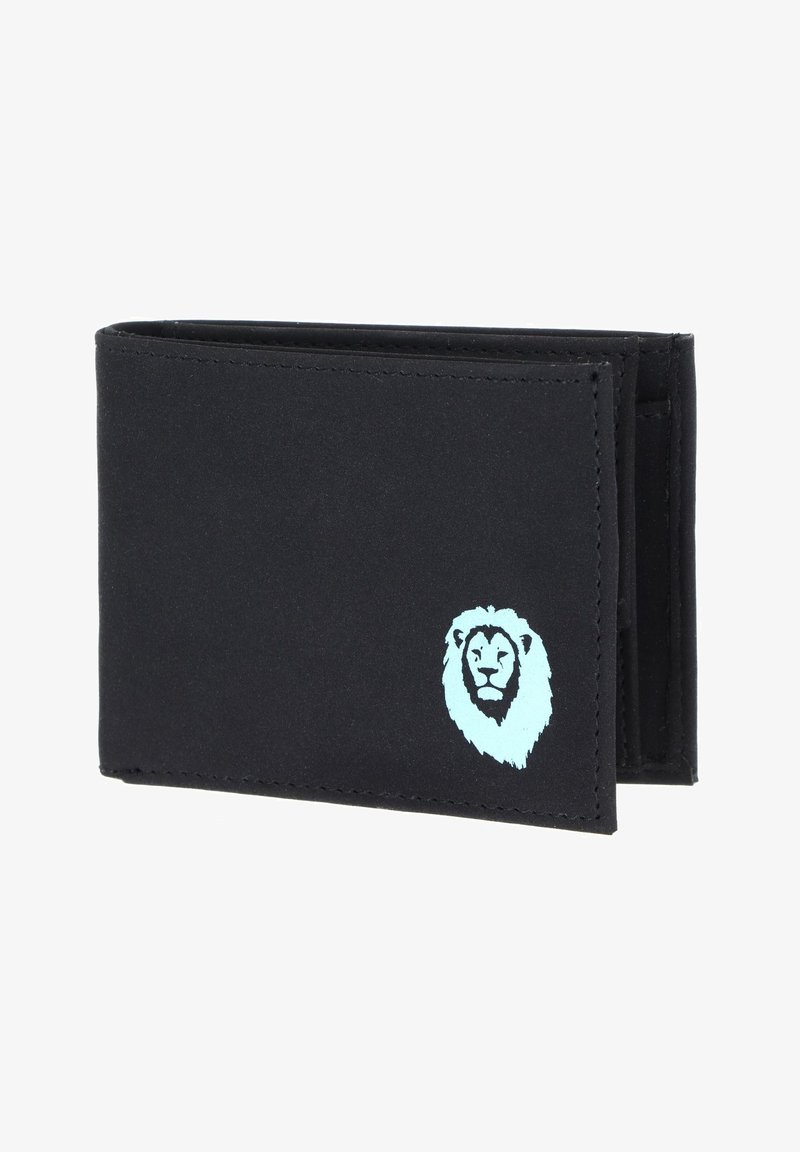 Portefeuille noir bifold avec un logo tête de lion bleu clair dans le coin inférieur droit.