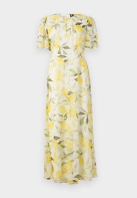 Rochie florală cu imprimeu de lămâie pe material transparent alb, cu mâneci pufoase scurte și talie strânsă, care se desfășoară până la lungimea maxi.