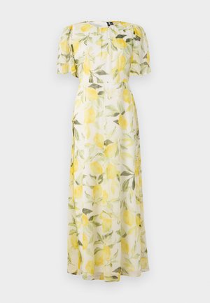 Lillelilledest kleit, millel on sidrunimuster õhulisel valgel kangal, lühikeste puhvärvlitega ja kitsas taljes, voolates maksikleidina.