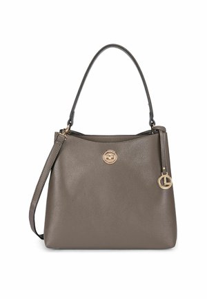 Gray textured leather handbag with a single shoulder strap, gold-tone turn-lock clasp, and round gold logo charm hanging on the side.