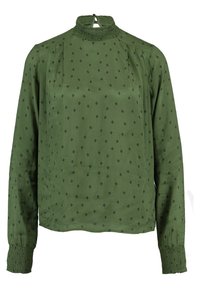 Blouse manches longues vert olive avec un col montant froncé, présentant un motif en losanges et des poignets froncés. Texture de tissu lisse.