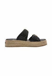 Sandales slides tissées noires avec deux larges brides, une semelle plateforme en corde naturelle et une finition texturée, avec un petit détail en or.
