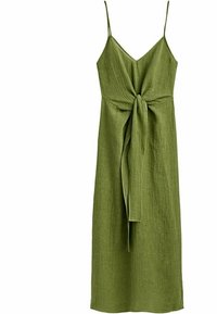 Robe midi sans manches vert olive avec fines bretelles et un nœud devant à la taille, en tissu texturé.