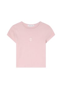 T-shirt corta manica in cotone rosa con colletto rotondo e piccolo design di orsetto ricamato sul davanti. Texture morbida e vestibilità rilassata. Taglia S.