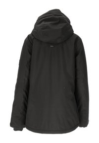 Schwarze Außenjacke mit Kapuze, die eine glatte Textur, ein minimalistisches Design und keine sichtbaren Beschläge oder Verzierungen aufweist.