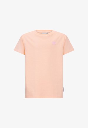 Licht perzikkleurig katoenen T-shirt met korte mouwen, klein logo op de linkerborst en merklabel in het linkerzijnaad.
