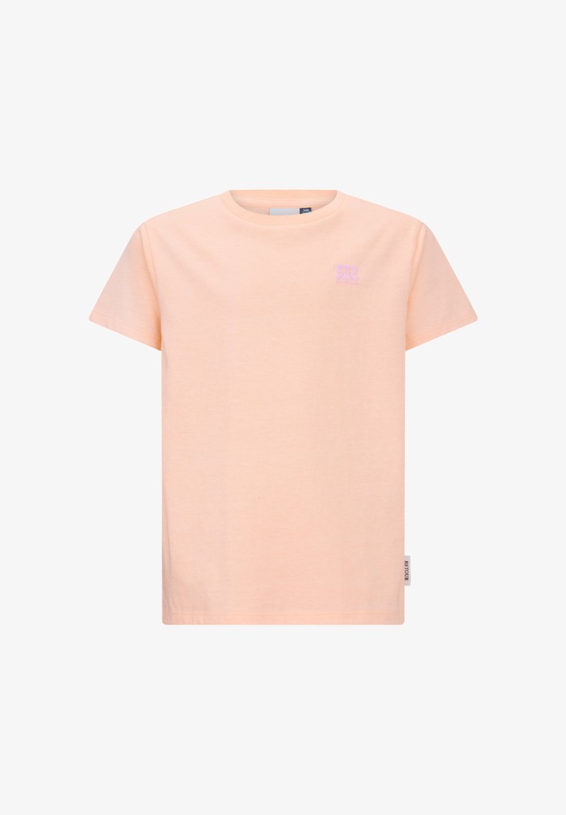 Licht perzikkleurig katoenen T-shirt met korte mouwen, klein logo op de linkerborst en merklabel in het linkerzijnaad.