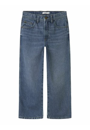 Jean en denim bleu à jambes droites avec passants de ceinture, bouton à l'avant, fermeture éclair et cinq poches, posé à plat sur un fond blanc.