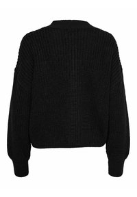 Pull noir en maille avec un design cropped, des poignets côtelés et un motif texturé. Le dos présente un col montant et une coupe ample et surdimensionnée.