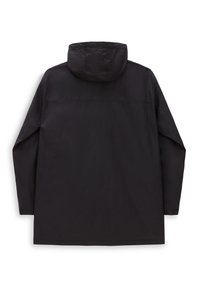 Svart vattentät jacka med huva, långa ärmar och rak passform. Slät textur med en minimalistisk design och inga synliga mönster.