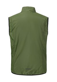 Grüne ärmellose Weste aus leichtem Material, mit hohem Kragen, schwarzen Seitenteilen und einem geraden Saum mit reflektierendem Akzent.