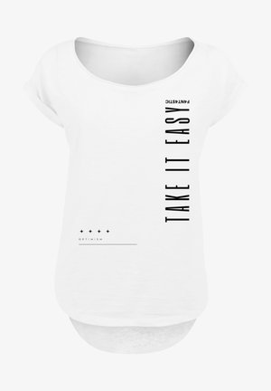 White short-sleeve t-shirt with a wide neckline. Features black printed text: "TAKE IT EASY" vertically, and "FANTASTIC" at the top with stars and "OPTIMISM" below.