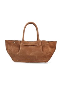 Sac fourre-tout en suède brun avec une forme structurée, deux poignées et une poche extérieure à glissière. Présente des bords arrondis et des accents en laiton.