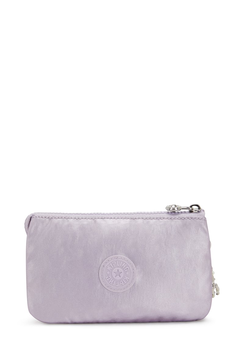 Lilac zippered pouch made of smooth nylon, featuring a round logo patch and silver hardware. Compact, rectangular design with subtle sheen.