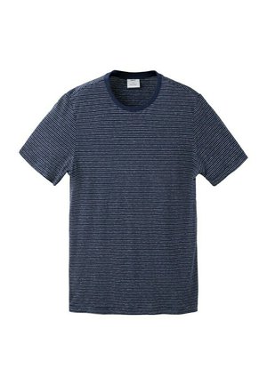 Marineblaue kurzärmlige T-Shirt mit dünnen weißen horizontalen Streifen und Rundhalsausschnitt.