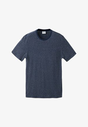 Marineblaue kurzärmlige T-Shirt mit dünnen weißen horizontalen Streifen und Rundhalsausschnitt.