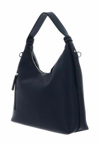 Sac à main en cuir bleu marine avec une texture lisse, un design souple et une seule bandoulière. Comprend une fermeture éclair argentée et des accents métalliques argentés.