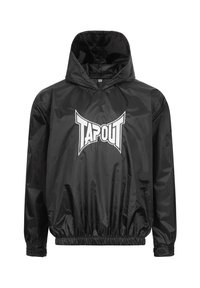 Crna najlonska jakna s kapuljačom, elastičnim manžetama i donjim rubom. Ima istaknuti bijeli "TAPOUT" logo s prednje strane. Glatka tekstura i lagan dizajn.