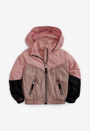 Veste à capuche légère et colorée en nylon doux, rose pâle, beige et noir. Comprend des poches zippées et des poignets élastiques avec un ourlet froncé.