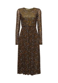 Långärmad midiklänning i genomskinlig brun tyg, med ett blommönster i orange, vitt och gult. Elastiskt midjeband och rund halsringning.