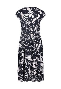 Marineblaues Kleid mit weißem Blumenmuster, kurzen Ärmeln, tailliertem Bund, knielangem Rock und weichem Stoff. Rückansicht sichtbar.