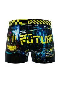 Boxers noirs arborant un imprimé numérique vibrant avec des accents jaunes et le texte "HAPPY FUTURE", accompagnés de designs géométriques abstraits.
