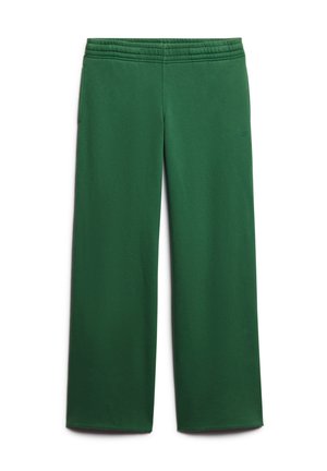 Grüne Sweatpants aus weichem Material, mit weitem Bein design, elastischem Bund und seitlichen Taschen. Minimalistisches Branding-Detail vorhanden.
