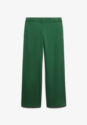 Green sweatpants made of soft fabric, featuring a wide-leg design, elastic waistband, and side pockets. Minimalist branding detail included.