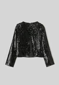 Top noir à manches longues en sequins, avec un design court, des lignes verticales texturées et une petite ouverture en forme de clé au dos.