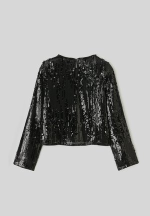 Top noir à manches longues en sequins, avec un design court, des lignes verticales texturées et une petite ouverture en forme de clé au dos.