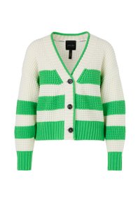 Gestreifter Cardigan in Creme und Grün, mit V-Ausschnitt, fünf Knöpfen, gerippten Bündchen und Saum, gestrickter Textur und lockerer Passform.