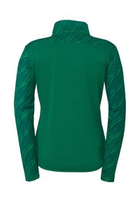 Grøn langærmet jakke med ensfarvet ryg og mønstrede ærmer i abstrakte grønne og mørkere grønne designs. Høj krave.