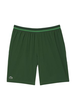 Pantaloni sportivi verdi con vita elasticizzata, foderati in rete verde, tasche laterali e un piccolo logo bianco in basso a sinistra.